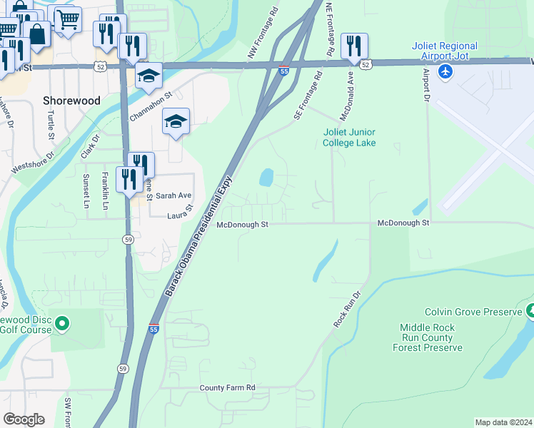 map of restaurants, bars, coffee shops, grocery stores, and more near 4321 Timber Ridge Court in Joliet