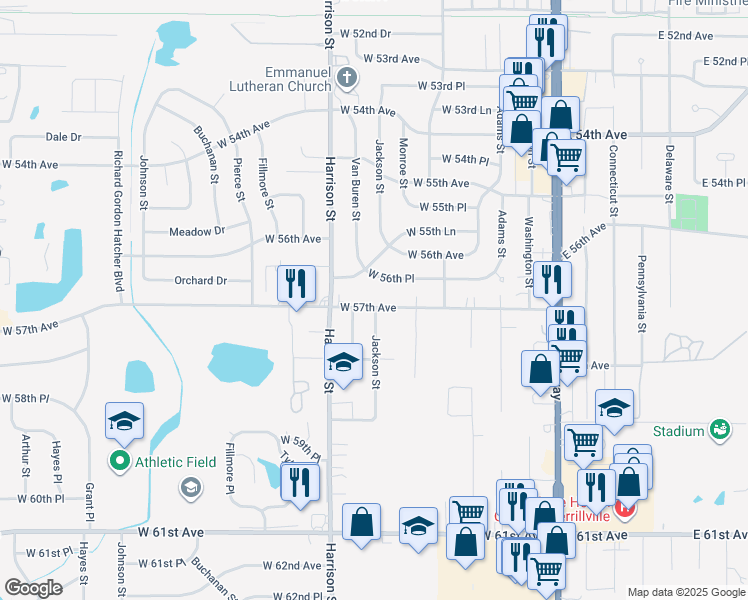 map of restaurants, bars, coffee shops, grocery stores, and more near 620 West 57th Avenue in Merrillville