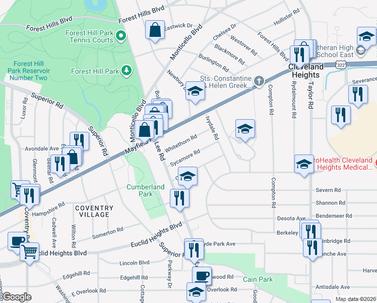 map of restaurants, bars, coffee shops, grocery stores, and more near 3186 Whitethorn Road in Cleveland Heights