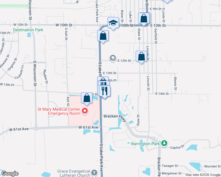 map of restaurants, bars, coffee shops, grocery stores, and more near 107 E 13th Pl in Hobart