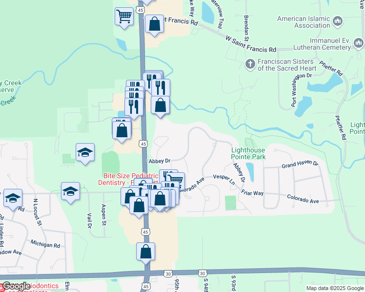 map of restaurants, bars, coffee shops, grocery stores, and more near 20612 Abbey Drive in Frankfort