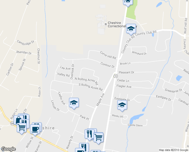 map of restaurants, bars, coffee shops, grocery stores, and more near 140 Belridge Rd in Cheshire