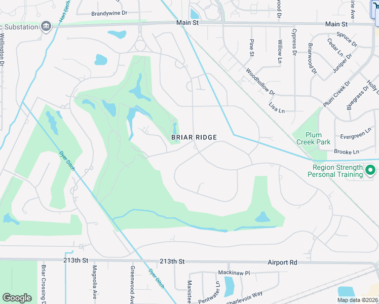 map of restaurants, bars, coffee shops, grocery stores, and more near Clubhouse Drive in Dyer