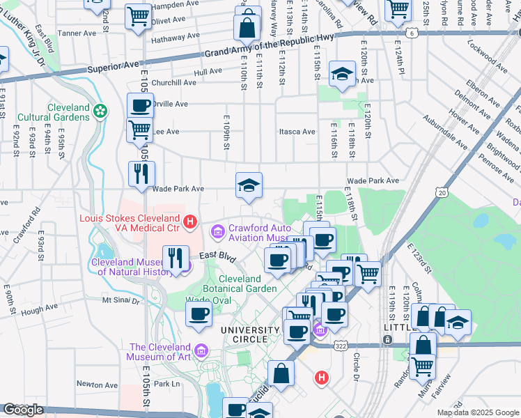map of restaurants, bars, coffee shops, grocery stores, and more near 11101 Magnolia Drive in Cleveland