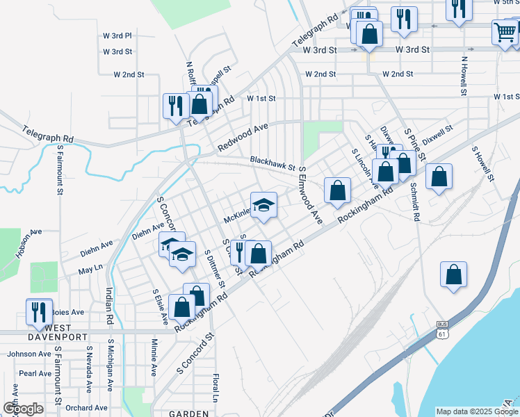 map of restaurants, bars, coffee shops, grocery stores, and more near 2613 McKinley Avenue in Davenport