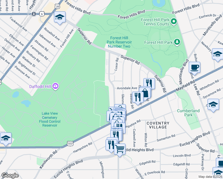 map of restaurants, bars, coffee shops, grocery stores, and more near 13992 Mont Avenue in East Cleveland
