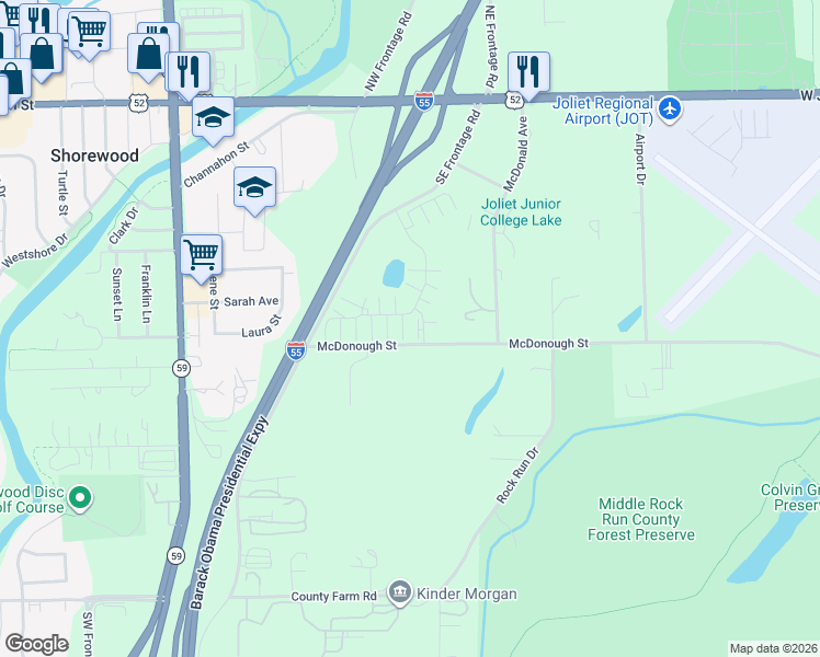 map of restaurants, bars, coffee shops, grocery stores, and more near 4314 Timber Ridge Court in Joliet
