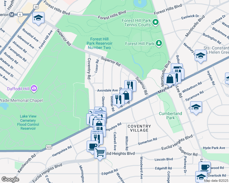 map of restaurants, bars, coffee shops, grocery stores, and more near 1633 Belmar Road in Cleveland