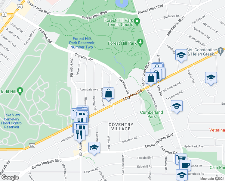 map of restaurants, bars, coffee shops, grocery stores, and more near 1612 Hillcrest Road in Cleveland Heights