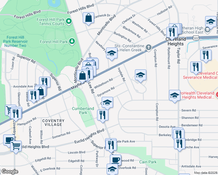 map of restaurants, bars, coffee shops, grocery stores, and more near 3186 Whitethorn Road in Cleveland Heights