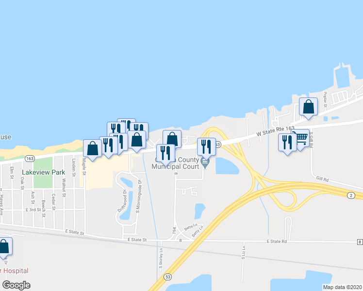map of restaurants, bars, coffee shops, grocery stores, and more near 1807 East Perry Street in Port Clinton