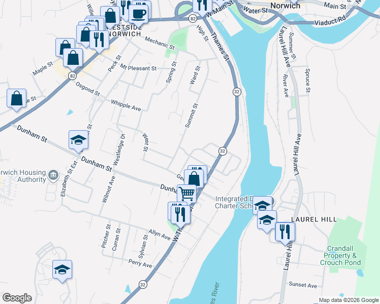 map of restaurants, bars, coffee shops, grocery stores, and more near 53 Spring Garden Avenue in Norwich