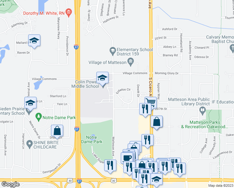 map of restaurants, bars, coffee shops, grocery stores, and more near 2507 Echelon Circle in Matteson