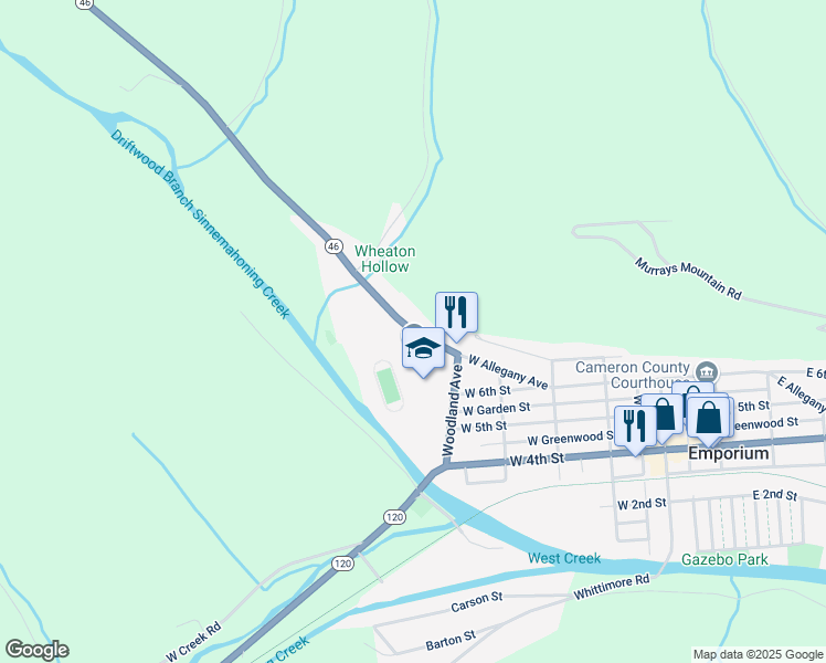 map of restaurants, bars, coffee shops, grocery stores, and more near 474 West Allegany Avenue in Emporium
