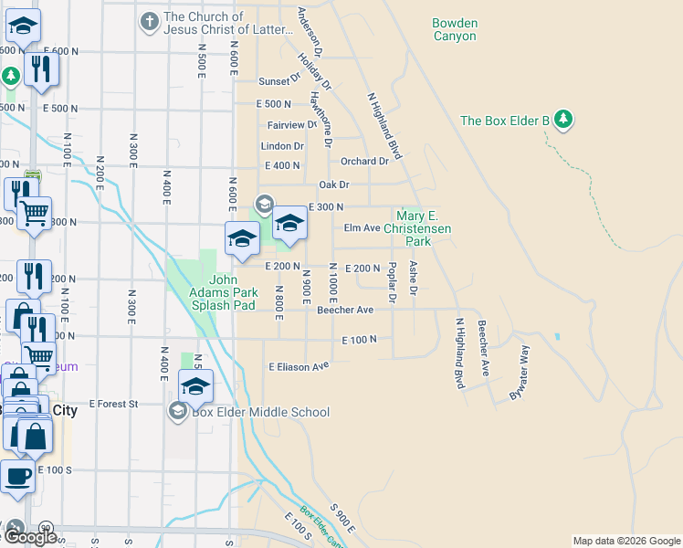map of restaurants, bars, coffee shops, grocery stores, and more near 1037 East 200 North in Brigham City
