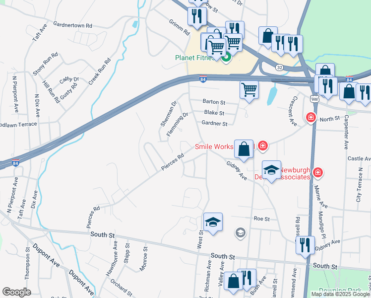 map of restaurants, bars, coffee shops, grocery stores, and more near 6 Circle Drive in Newburgh