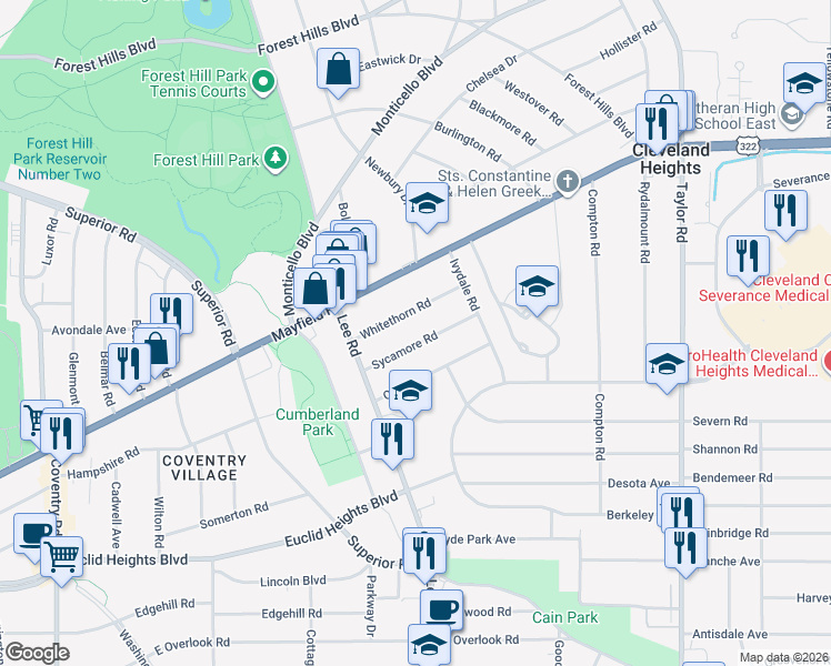 map of restaurants, bars, coffee shops, grocery stores, and more near 3186 Whitethorn Road in Cleveland Heights