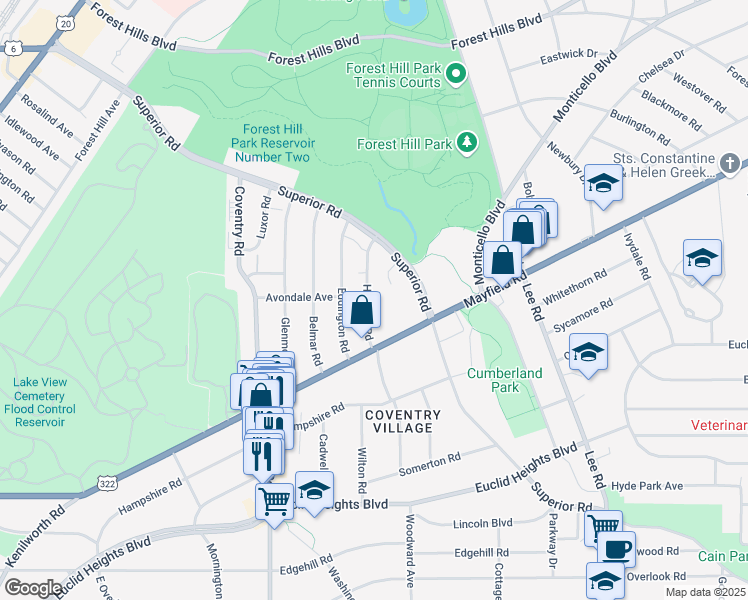 map of restaurants, bars, coffee shops, grocery stores, and more near 1612 Hillcrest Road in Cleveland Heights