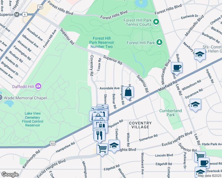 map of restaurants, bars, coffee shops, grocery stores, and more near 1609 Glenmont Road in East Cleveland