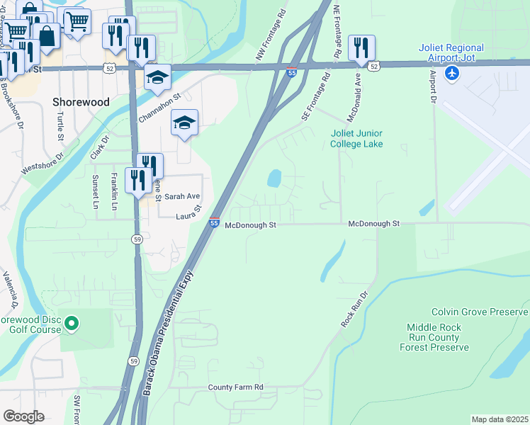 map of restaurants, bars, coffee shops, grocery stores, and more near 4363 Timber Ridge Court in Joliet