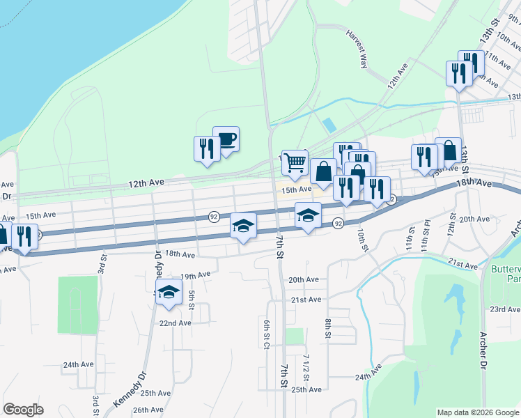 map of restaurants, bars, coffee shops, grocery stores, and more near 1505 7th Street in East Moline