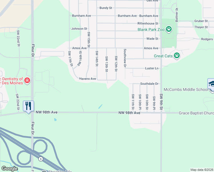 map of restaurants, bars, coffee shops, grocery stores, and more near 1300 Havens Avenue in Des Moines