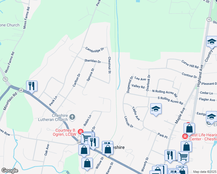 map of restaurants, bars, coffee shops, grocery stores, and more near 355 Sycamore Lane in Cheshire