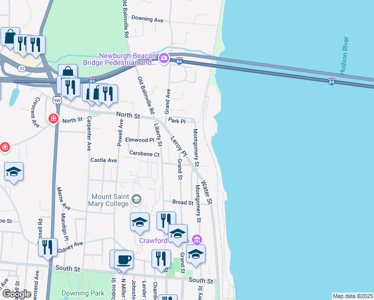 map of restaurants, bars, coffee shops, grocery stores, and more near 355 North Montgomery Street in Newburgh