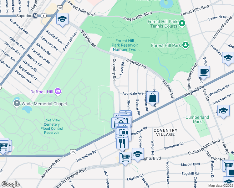 map of restaurants, bars, coffee shops, grocery stores, and more near 1626 Coventry Road in Cleveland Heights