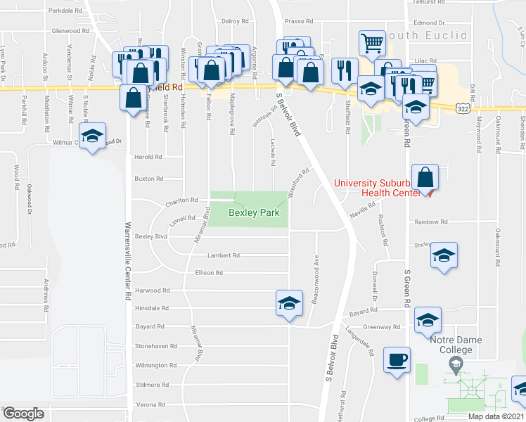 map of restaurants, bars, coffee shops, grocery stores, and more near Bexley Park Path in South Euclid