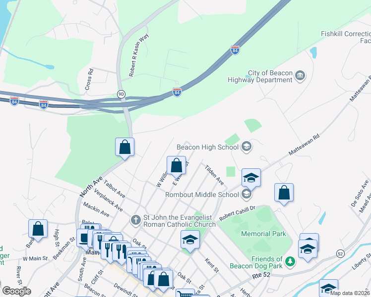 map of restaurants, bars, coffee shops, grocery stores, and more near 109 West Willow Street in Beacon