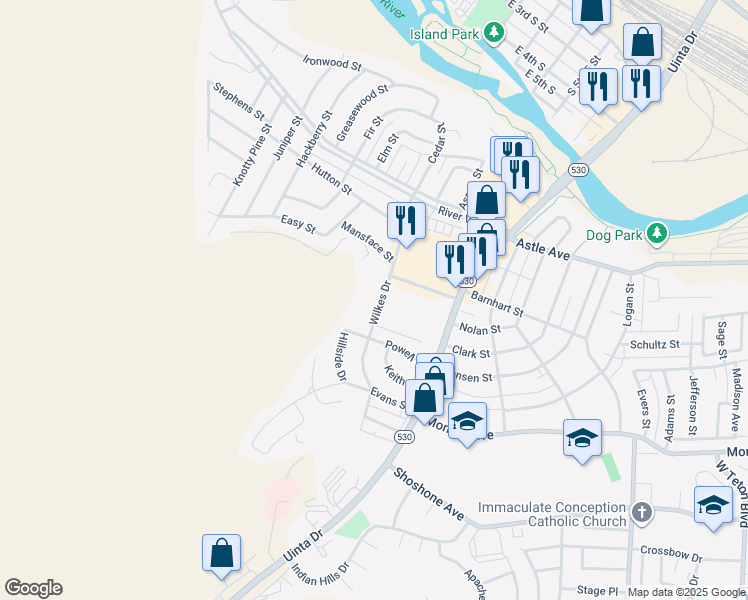 map of restaurants, bars, coffee shops, grocery stores, and more near 755 Wilkes Drive in Green River