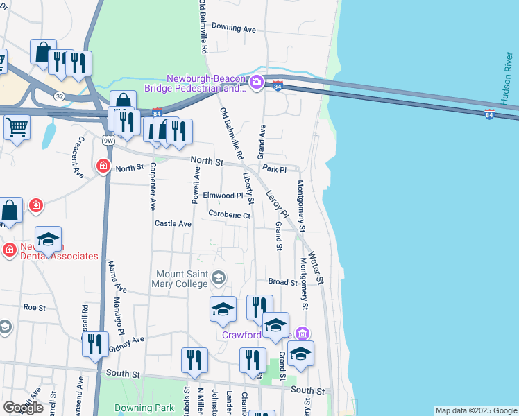 map of restaurants, bars, coffee shops, grocery stores, and more near 50 Leroy Place in Newburgh