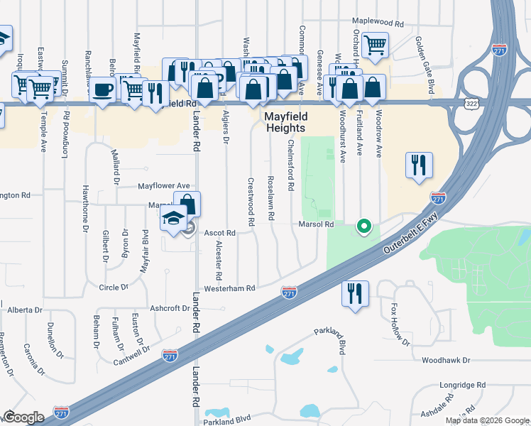 map of restaurants, bars, coffee shops, grocery stores, and more near 1648 Roselawn Road in Mayfield Heights