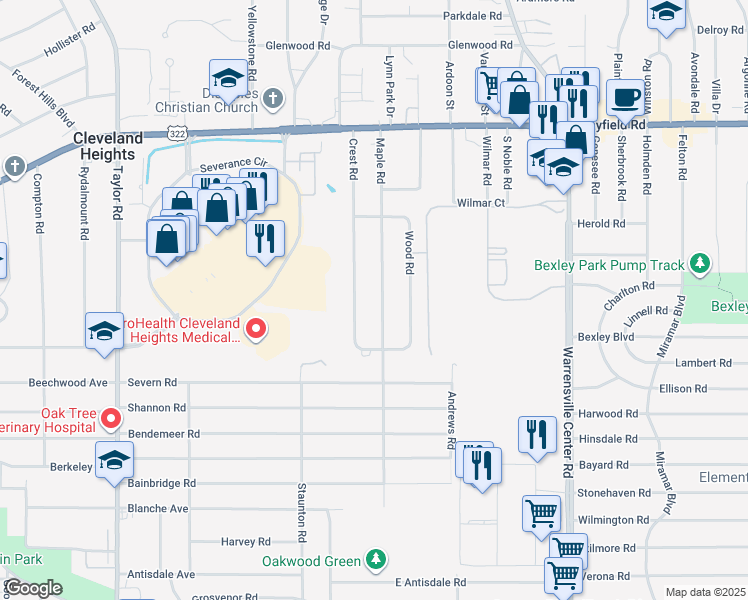 map of restaurants, bars, coffee shops, grocery stores, and more near 1628 Maple Road in Cleveland Heights