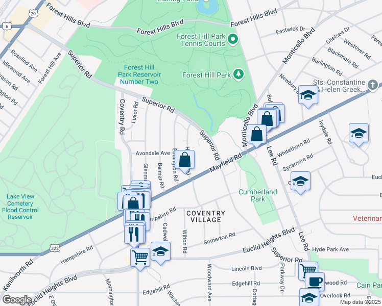 map of restaurants, bars, coffee shops, grocery stores, and more near 1612 Hillcrest Road in Cleveland Heights