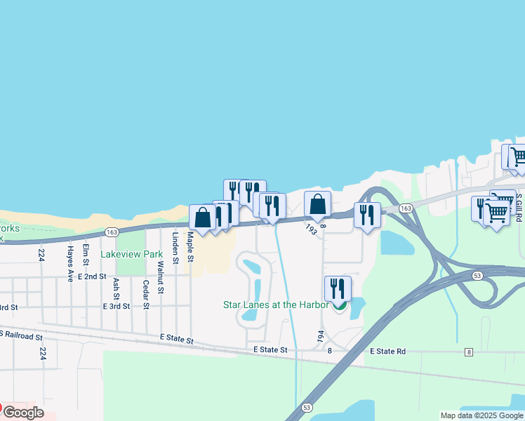 map of restaurants, bars, coffee shops, grocery stores, and more near 1723 East Perry Street in Port Clinton