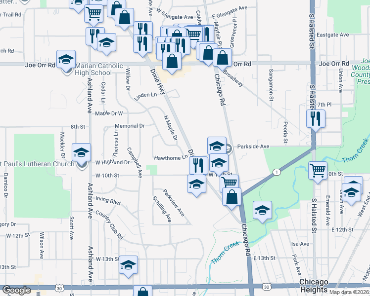map of restaurants, bars, coffee shops, grocery stores, and more near 871 North Maple Drive in Chicago Heights