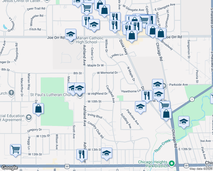 map of restaurants, bars, coffee shops, grocery stores, and more near 844 Highland Drive North in Chicago Heights