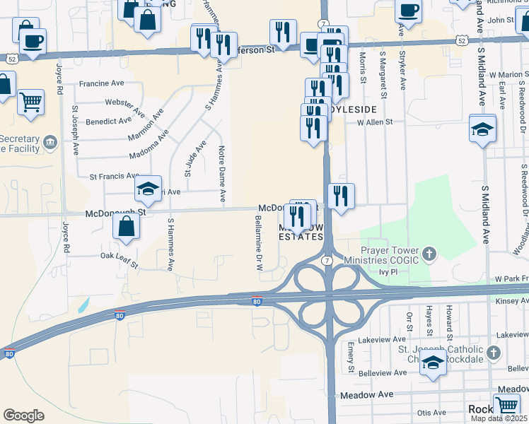 map of restaurants, bars, coffee shops, grocery stores, and more near 321 South Larkin Avenue in Joliet