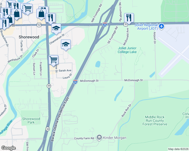 map of restaurants, bars, coffee shops, grocery stores, and more near 4363 Timber Ridge Court in Joliet
