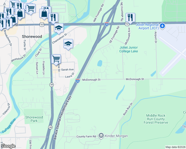 map of restaurants, bars, coffee shops, grocery stores, and more near 4363 Timber Ridge Court in Joliet