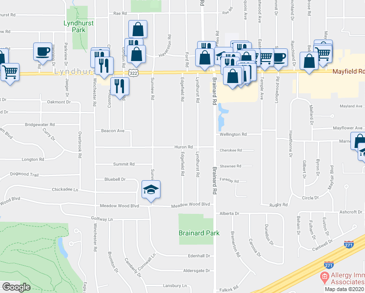 map of restaurants, bars, coffee shops, grocery stores, and more near 1646 Edgefield Road in Lyndhurst