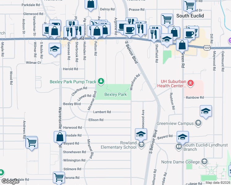 map of restaurants, bars, coffee shops, grocery stores, and more near 1630 Wrenford Road in South Euclid