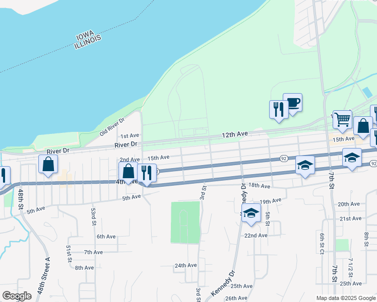 map of restaurants, bars, coffee shops, grocery stores, and more near 213 15th Avenue in East Moline
