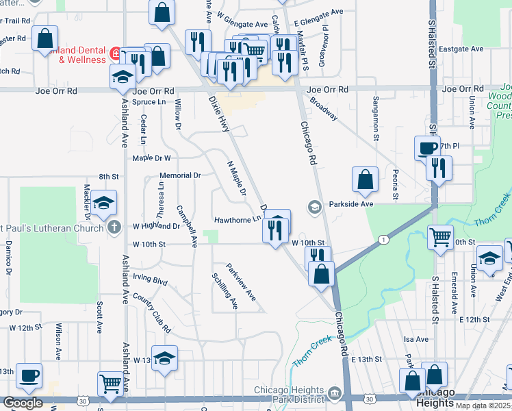 map of restaurants, bars, coffee shops, grocery stores, and more near 871 North Maple Drive in Chicago Heights