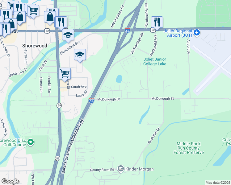 map of restaurants, bars, coffee shops, grocery stores, and more near 4380 Timber Ridge Court in Joliet