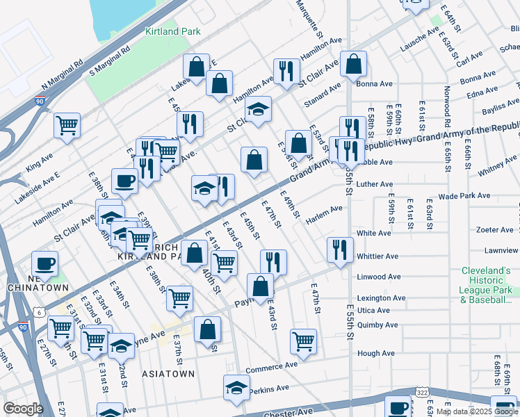 map of restaurants, bars, coffee shops, grocery stores, and more near 4700 Superior Avenue in Cleveland