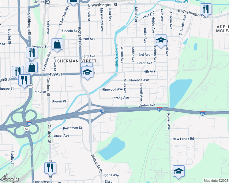 map of restaurants, bars, coffee shops, grocery stores, and more near 422 Elmwood Avenue in Joliet