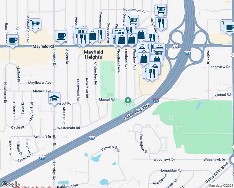 map of restaurants, bars, coffee shops, grocery stores, and more near 1646 Woodhurst Avenue in Mayfield Heights